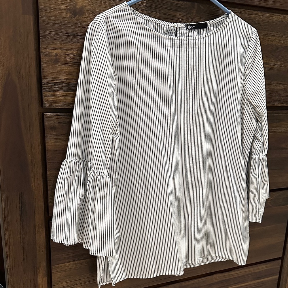 Black and White Striped Blouse with Bell Sleeves
